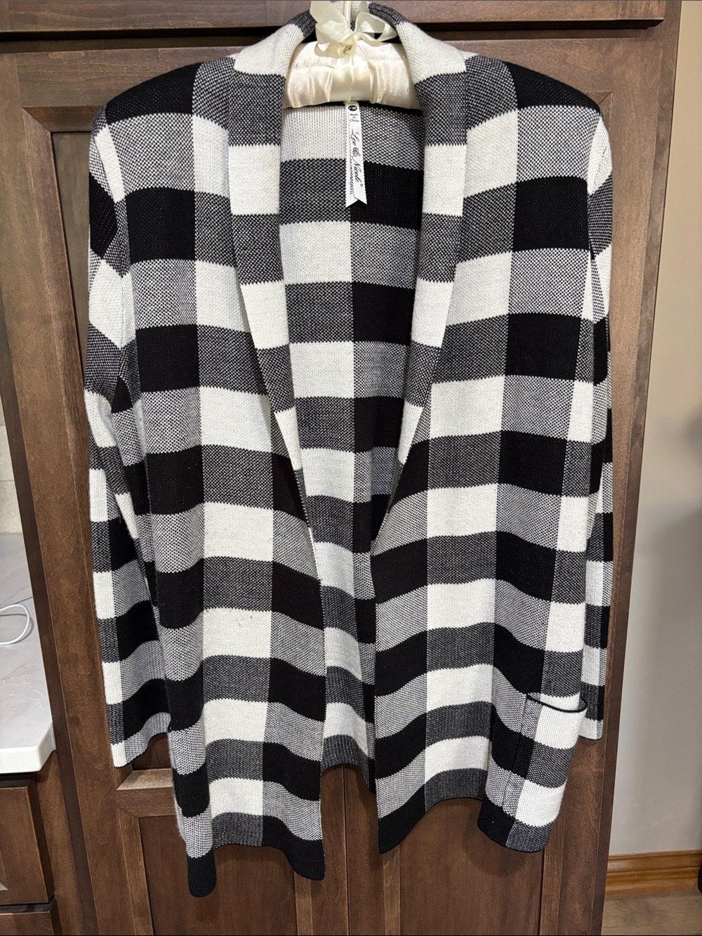 Leo & Nicole Black White Buffalo Plaid Knit Open Front Cardigan Pockets Petite M